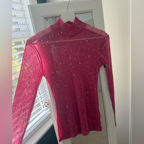 Pink Glitter Sheer Mesh Top - Picture 2 of 3